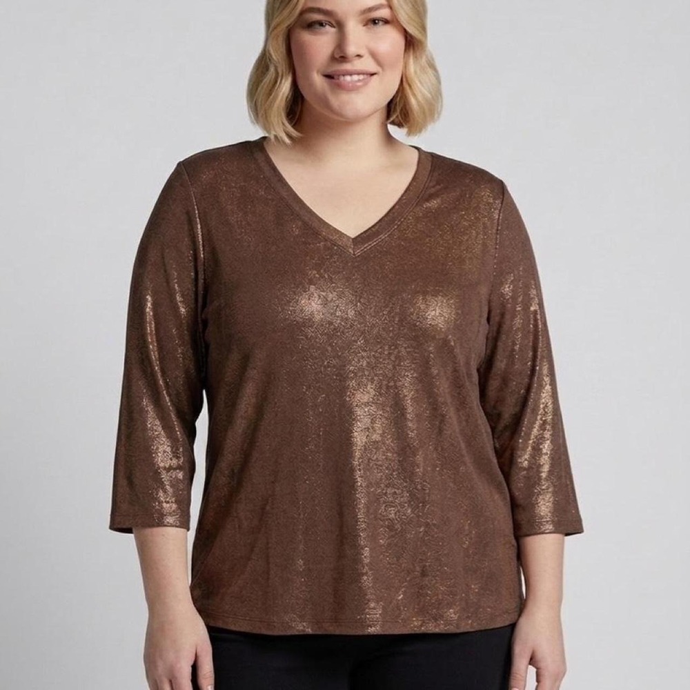 Brown metallic V-neck top with 3/4 sleeves New 2X